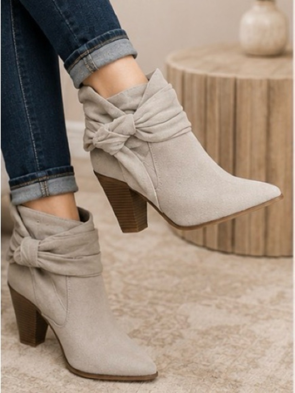 Shoe Dazzle Knot-Trim tie Suede like Ankle Boots - Beige